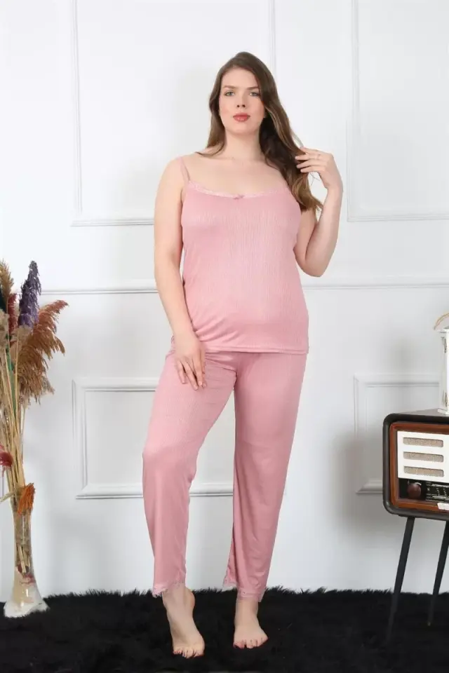 Kadın Büyük Beden Pudra İp Askılı Pijama Takım
