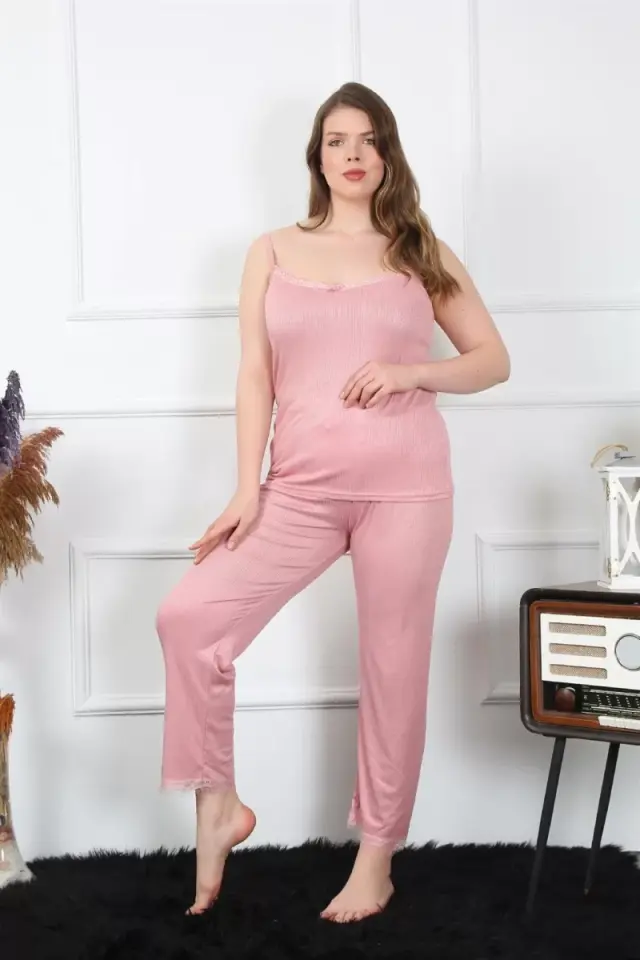 Kadın Büyük Beden Pudra İp Askılı Pijama Takım