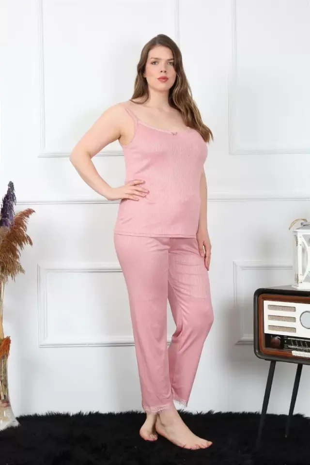 Kadın Büyük Beden Pudra İp Askılı Pijama Takım