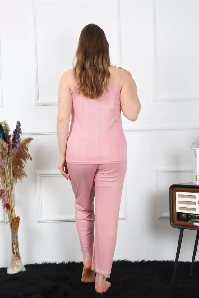 Kadın Büyük Beden Pudra İp Askılı Pijama Takım