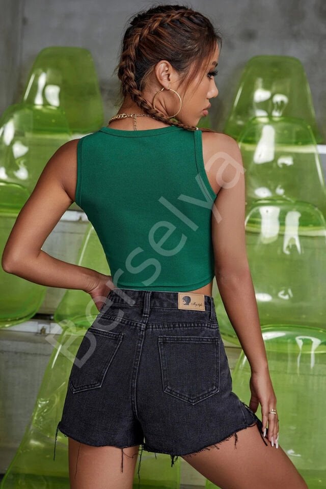 Kadın Yeşil Kare Yaka Crop Top Bluz