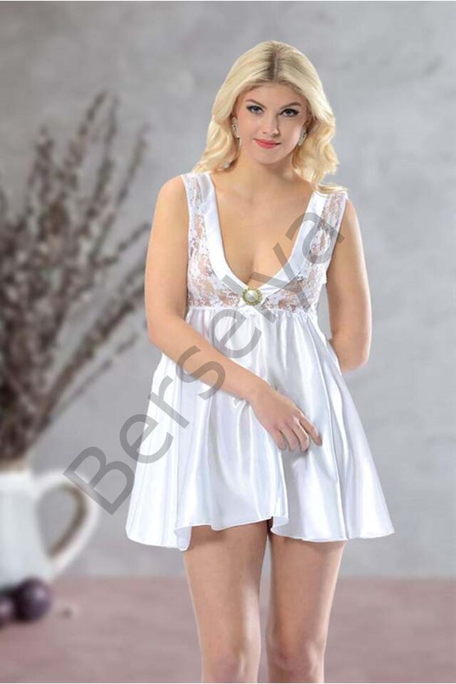 Beyaz Dantelli Saten Gecelik - M-395