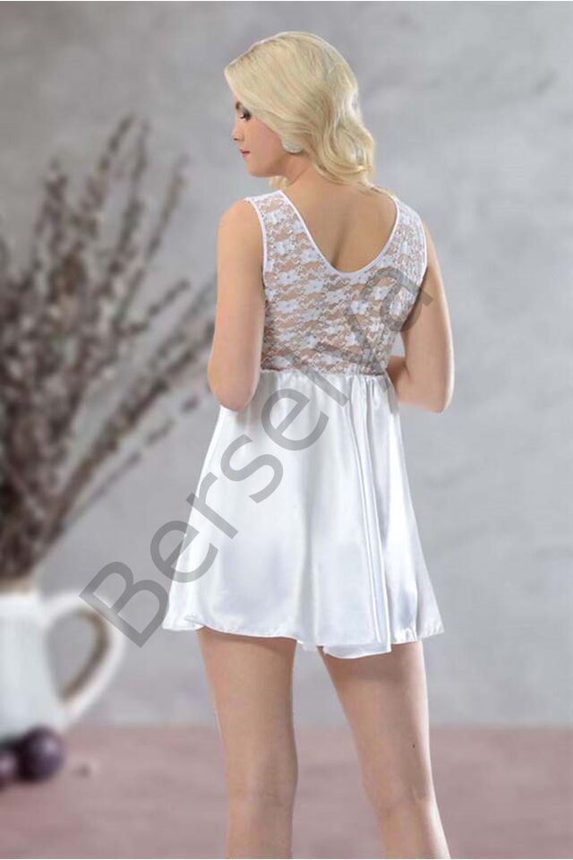 Beyaz Dantelli Saten Gecelik - M-395