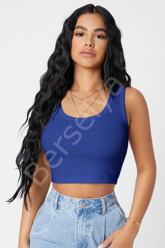 Kadın Lacivert Kare Yaka Crop Top Bluz