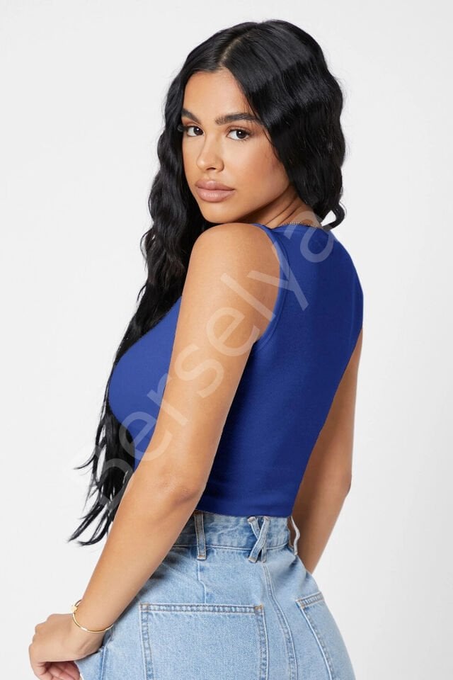 Kadın Lacivert Kare Yaka Crop Top Bluz