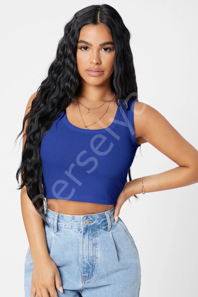 Kadın Lacivert Kare Yaka Crop Top Bluz