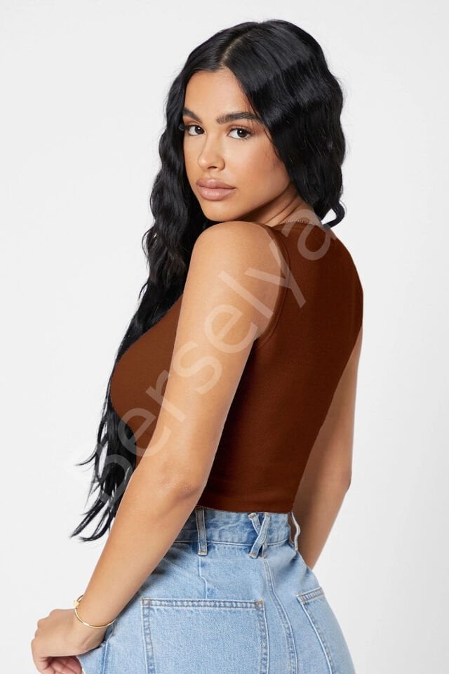 Kadın Kahverengi Kare Yaka Crop Top Bluz