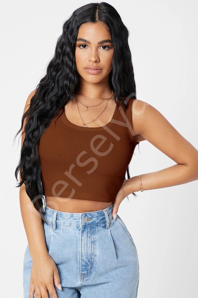 Kadın Kahverengi Kare Yaka Crop Top Bluz