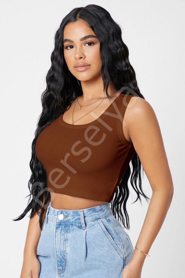 Kadın Kahverengi Kare Yaka Crop Top Bluz