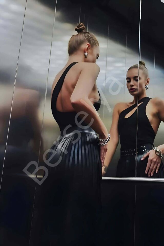 Püsküllü Deri Etek, Şık Deri Etek, Uzun Deri Etek, Siyah Deri Etek - Brf637