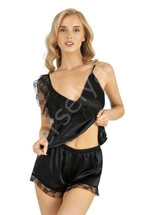 Siyah Saten Şort Takımı 9205
