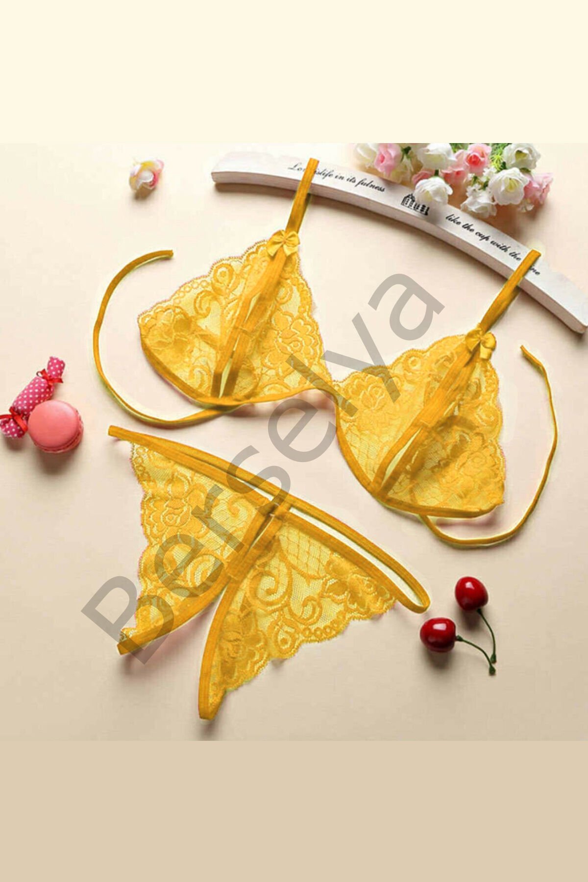 Kadın Sarı Dantelli Sütyen Külot Takımı