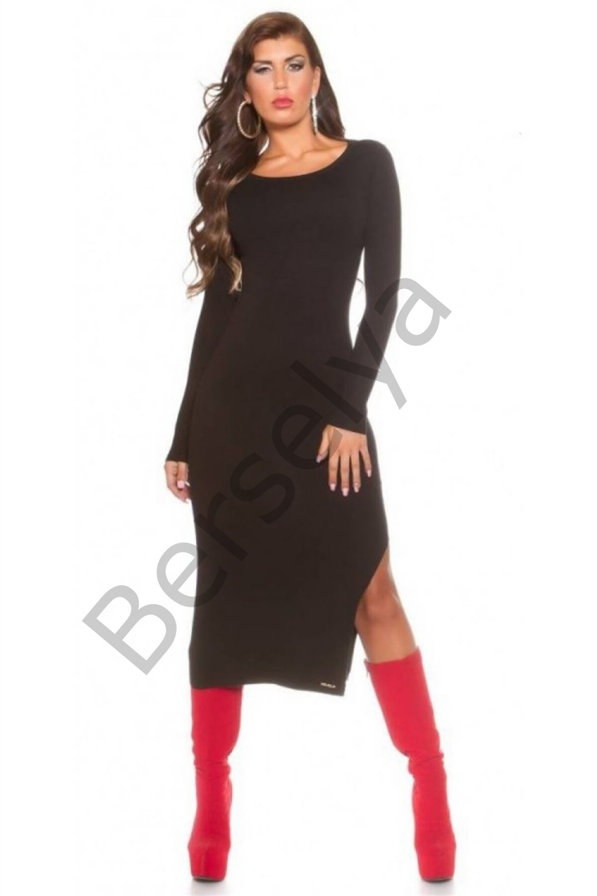 B101171 Uzun Kollu Yırbrfaçlı Kalem Elbise