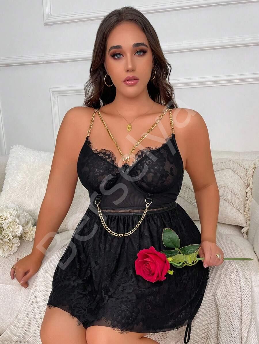 Özel Tasarım Büyük Beden Fantezi Zincir Detaylı Dantelli Gecelik