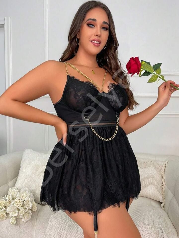 Özel Tasarım Büyük Beden Fantezi Zincir Detaylı Dantelli Gecelik