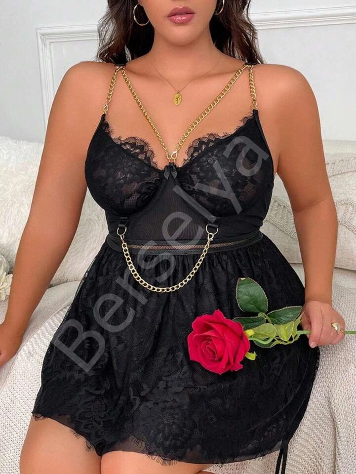 Özel Tasarım Büyük Beden Fantezi Zincir Detaylı Dantelli Gecelik