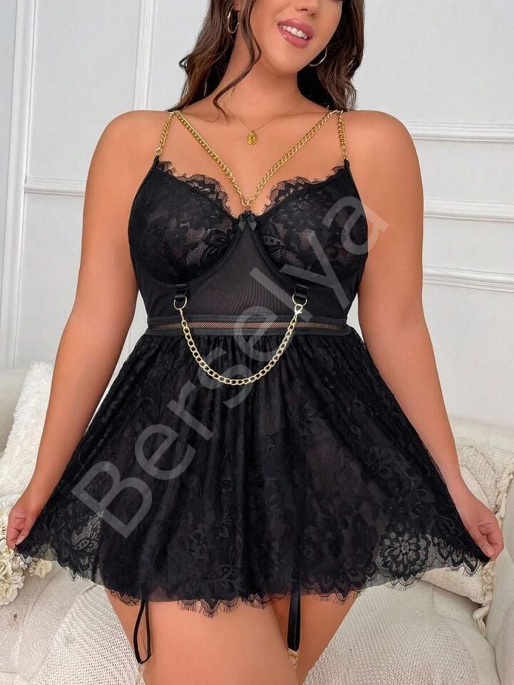 Özel Tasarım Büyük Beden Fantezi Zincir Detaylı Dantelli Gecelik