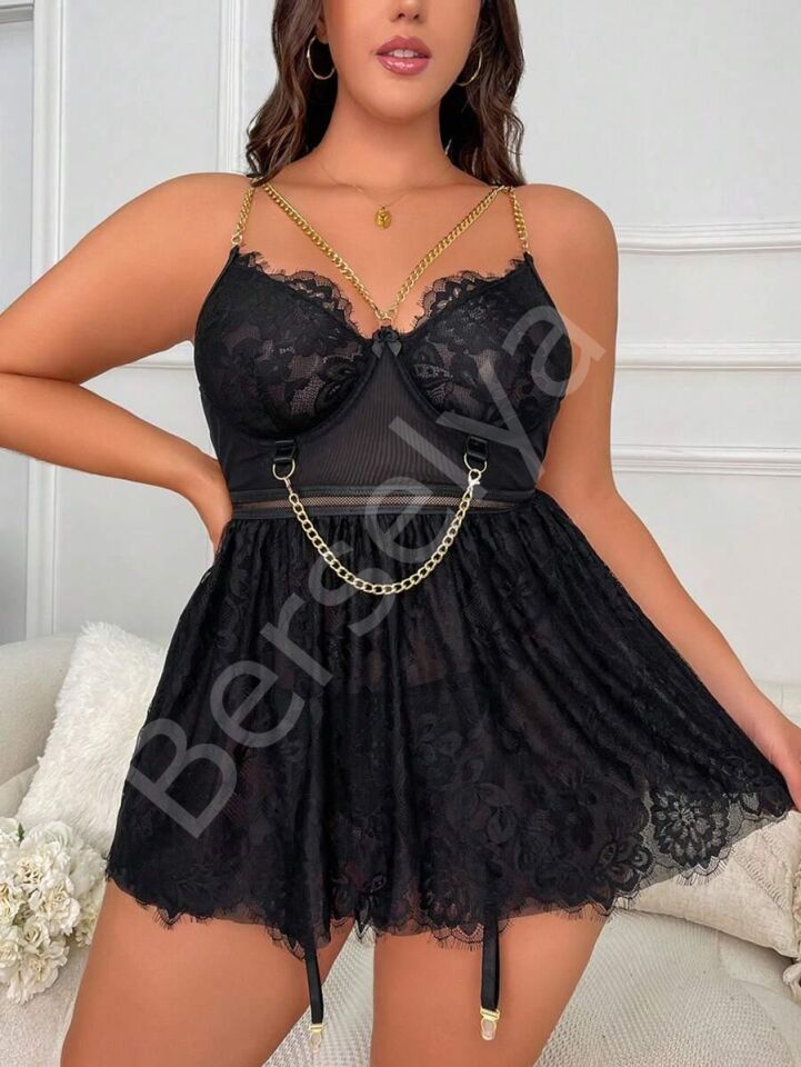 Özel Tasarım Büyük Beden Fantezi Zincir Detaylı Dantelli Gecelik