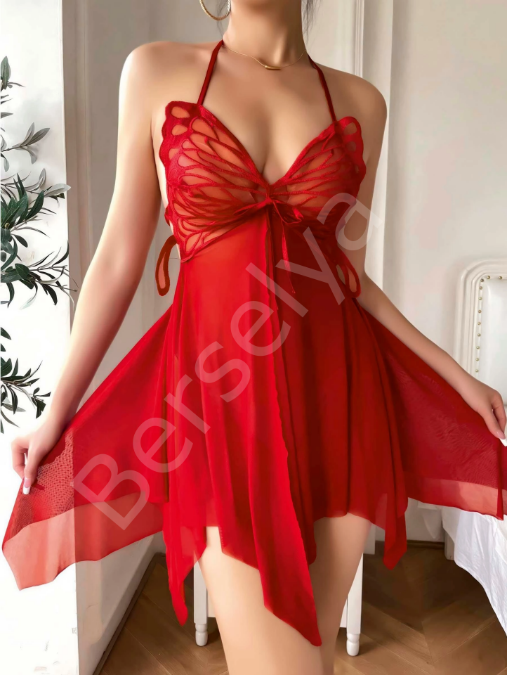 Luna Lora Kırmızı Butterfly Lace Kelebek İşlemeli Tül Fantezi Gecelik