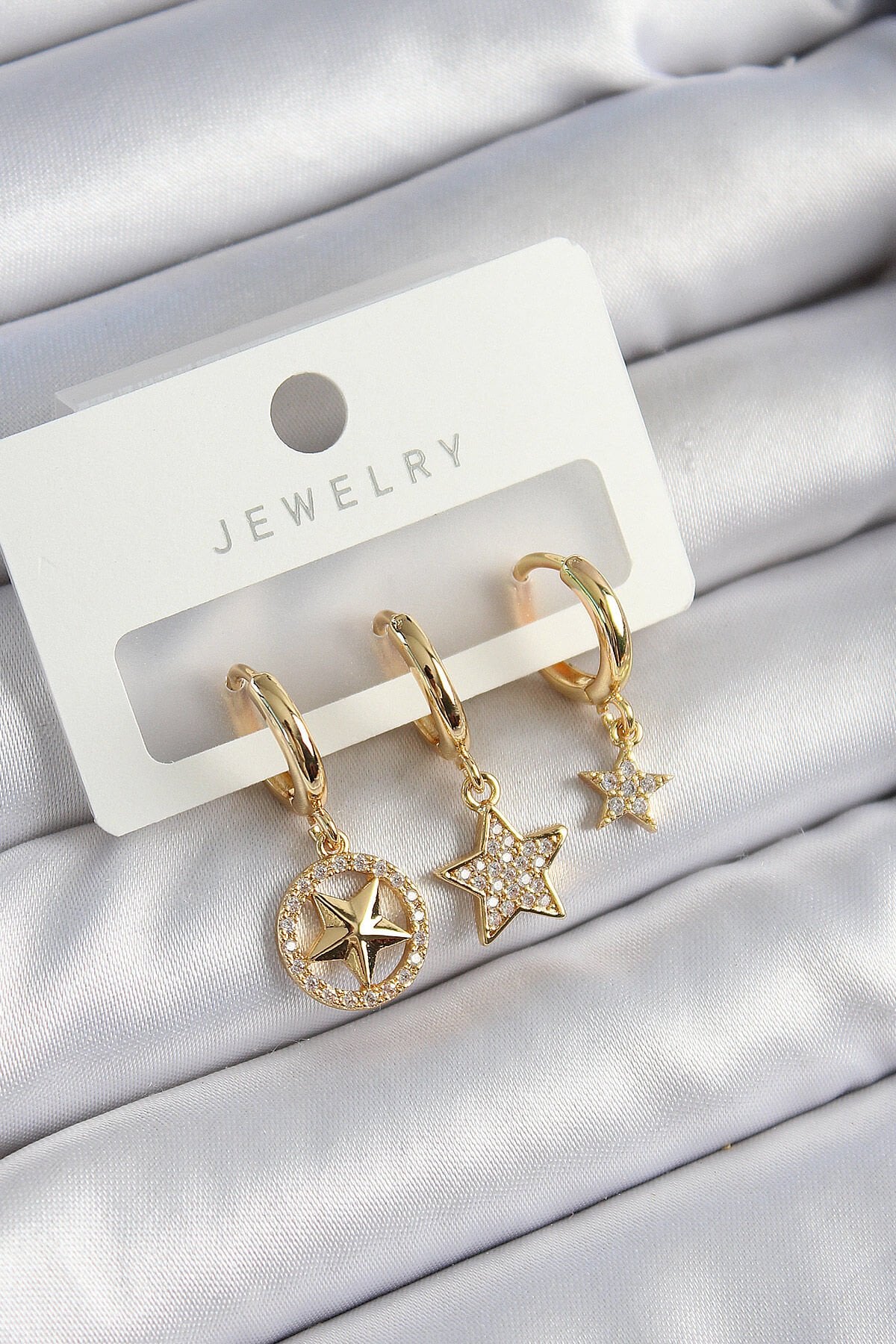 Pirinç Zirkon Taşlı Yıldız Model Gold Renk 3'lü Çift Kadın Küpe Set