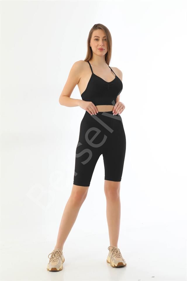 Siyah Mı Emay 3921 Soft Seamless Ripli Tayt Yoga Takımı