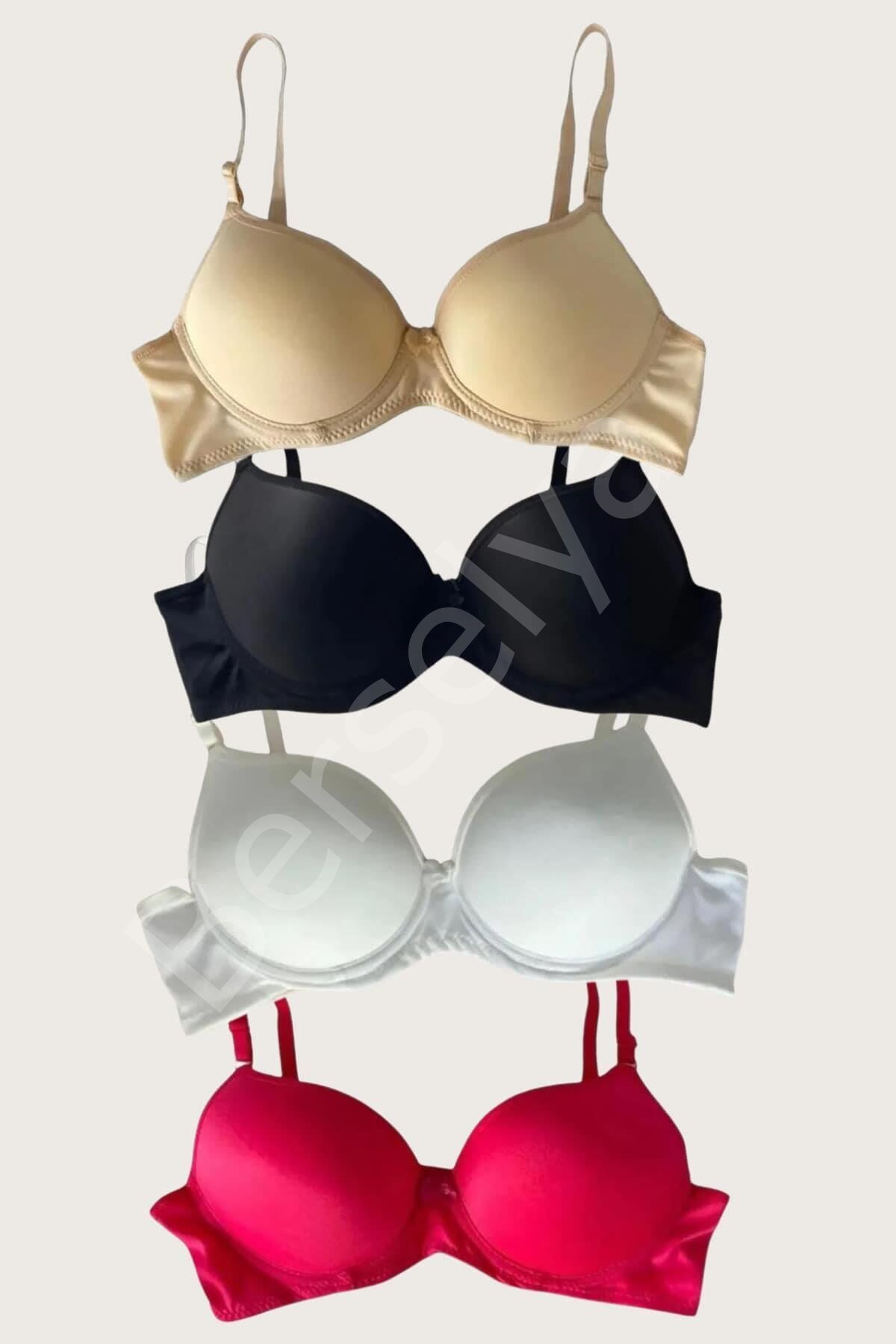 Siyah-beyaz-kırmızı-ten 4'lü Dolgulu Push Up Micro Balenli Günlük Tek Destekli Sütyen