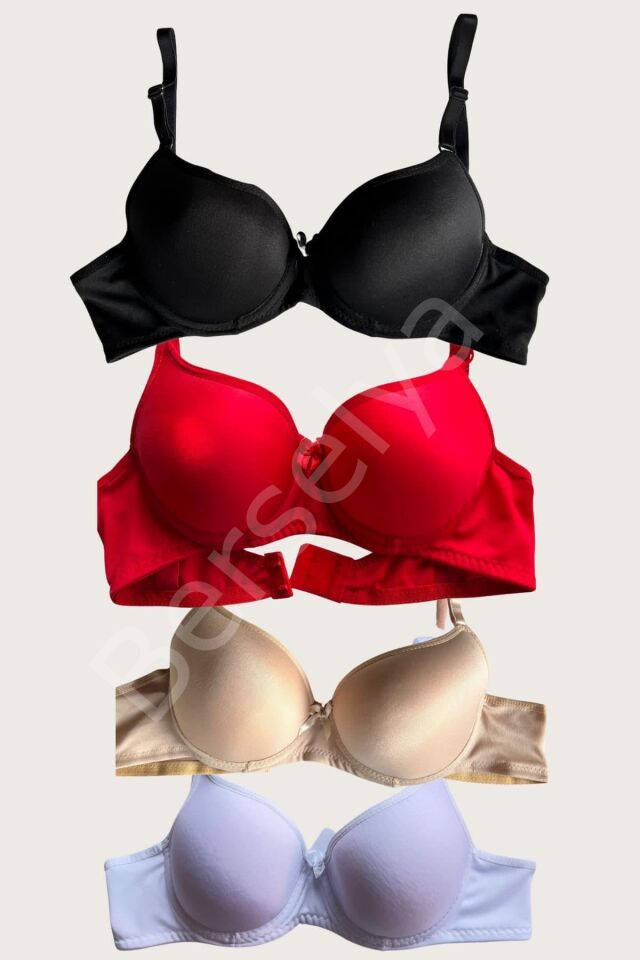 Siyah-beyaz-kırmızı-ten 4'lü Dolgulu Push Up Micro Balenli Günlük Tek Destekli Sütyen
