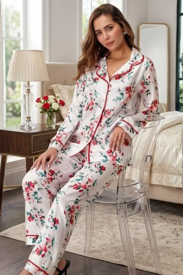 Gül Desenli Pijama Takımı Kadın Nurt5654