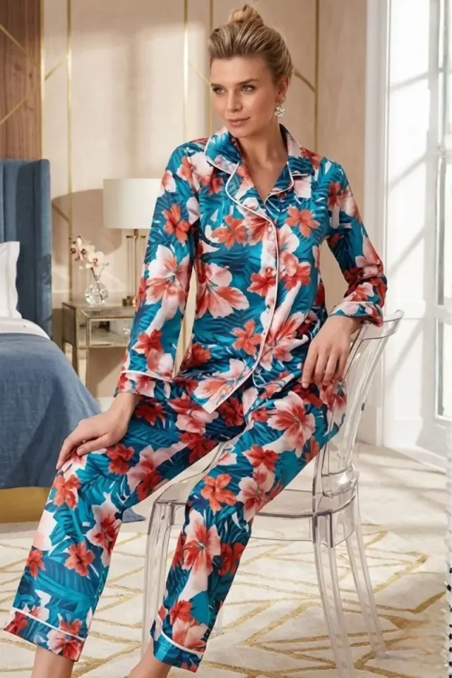Gül Desenli Pijama Takımı Kadın Nurt5654
