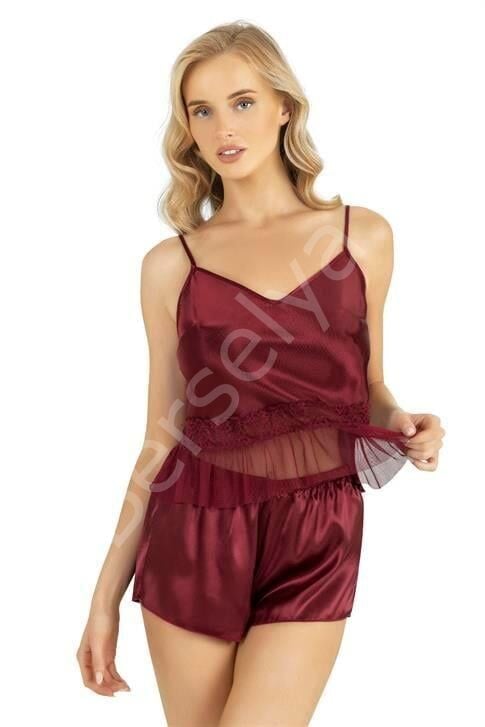 Bordo Saten Şort Takımı 9209