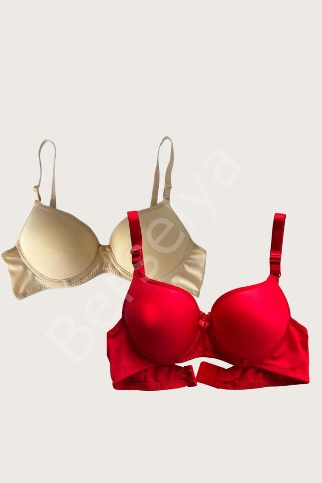 Ten-kırmızı 2'li Mikro Kumaş Push Up Dolgulu Balenli Günlük Destekli Sütyen