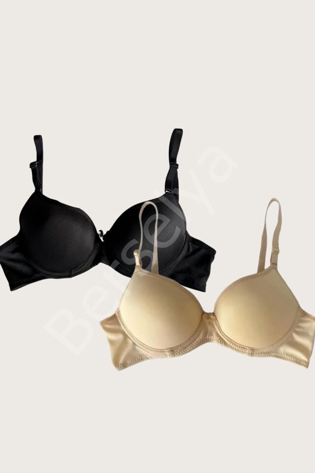 Siyah-ten 2'li Mikro Kumaş Push Up Dolgulu Balenli Günlük Destekli Sütyen