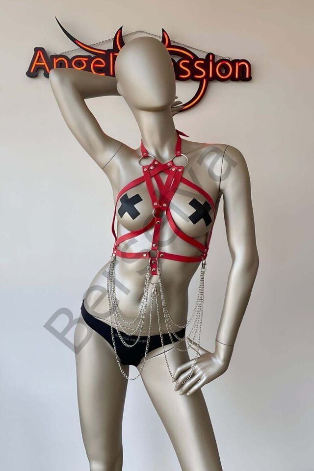 Kırmızı Göğüs Üzeri Seksi Erotik Harness