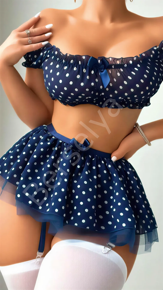 Luna Lora Lacivert Navy Charm Fırfır Etekli Puantiyeli Jartiyerli Fantezi Kostüm