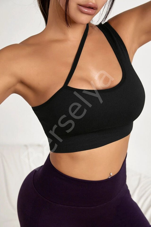 Kadın Siyah Tek Omuzlu Çapraz Askılı Crop Top Büstiyer