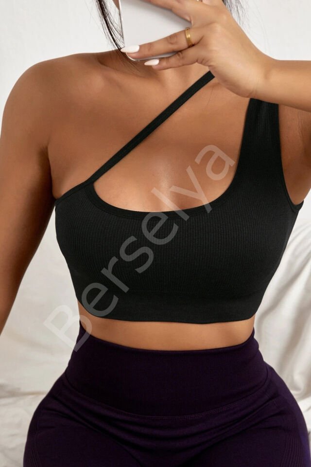 Kadın Siyah Tek Omuzlu Çapraz Askılı Crop Top Büstiyer