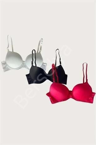 Beyaz-siyah-kırmızı 3'lü Mikro Kumaş Push Up Dolgulu Balenli Günlük Destekli Sütyen