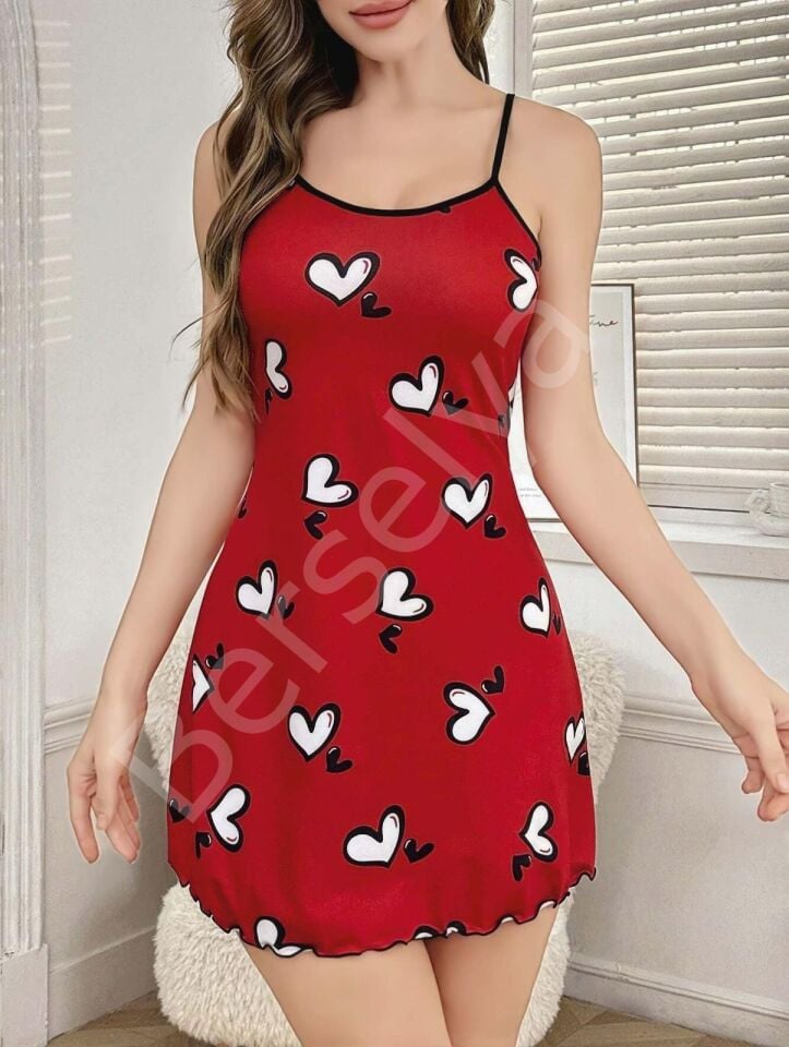 Kadın Kırmızı Beyaz Kalp Desenli Askılı Elbise 5063