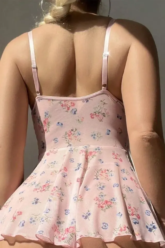 Toz Pembe Çiçek Baskılı Yırtmaç Dekolteli Gecelik 66618
