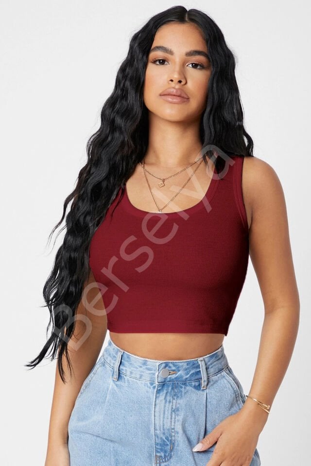 Kadın Bordo Kare Yaka Crop Top Bluz