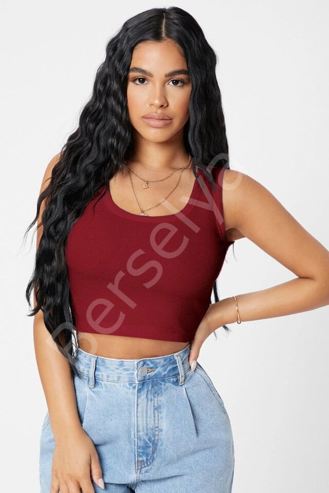 Kadın Bordo Kare Yaka Crop Top Bluz