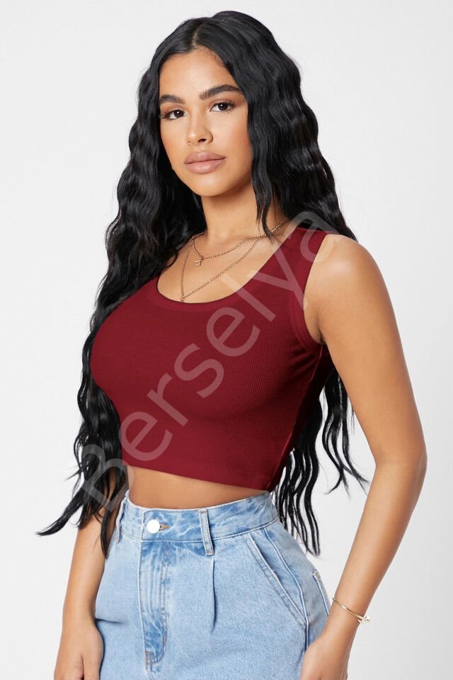 Kadın Bordo Kare Yaka Crop Top Bluz