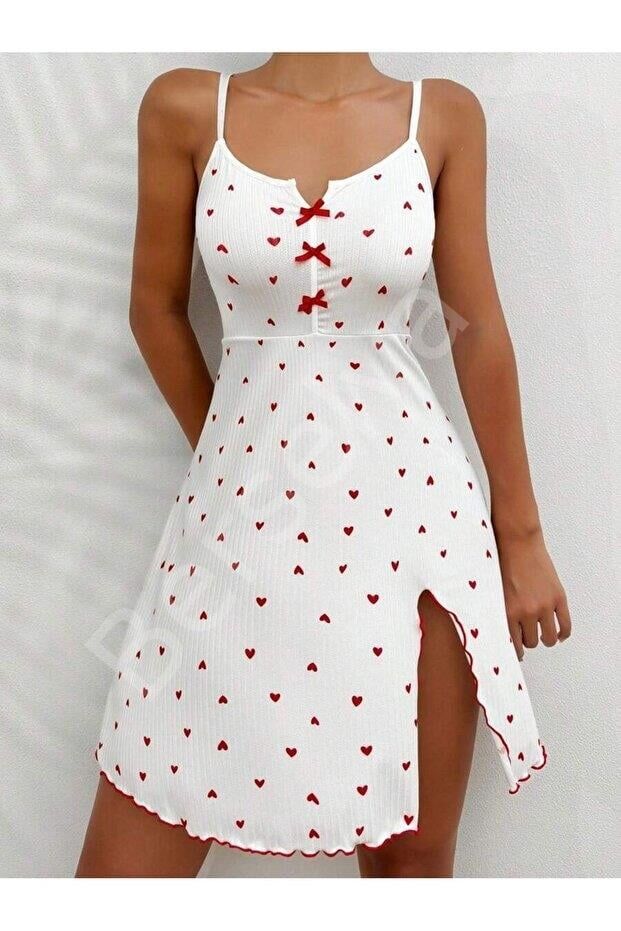 Kadın Beyaz Kırmızı Kalp Desenli Askılı  Elbise 5066