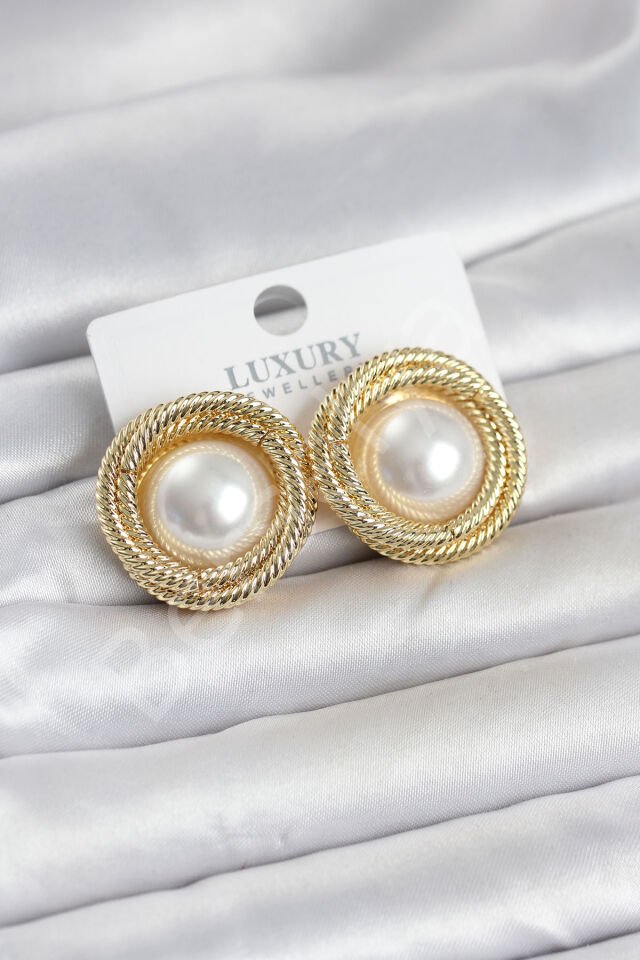 Pirinç Gold Renk Sarmal Model İncili Kadın Küpe