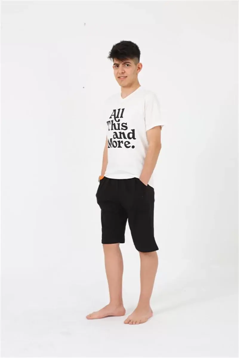 Erkek Genç Garson Boy Kısa Kol Ekru Penye Şortlu Pijama Takımı