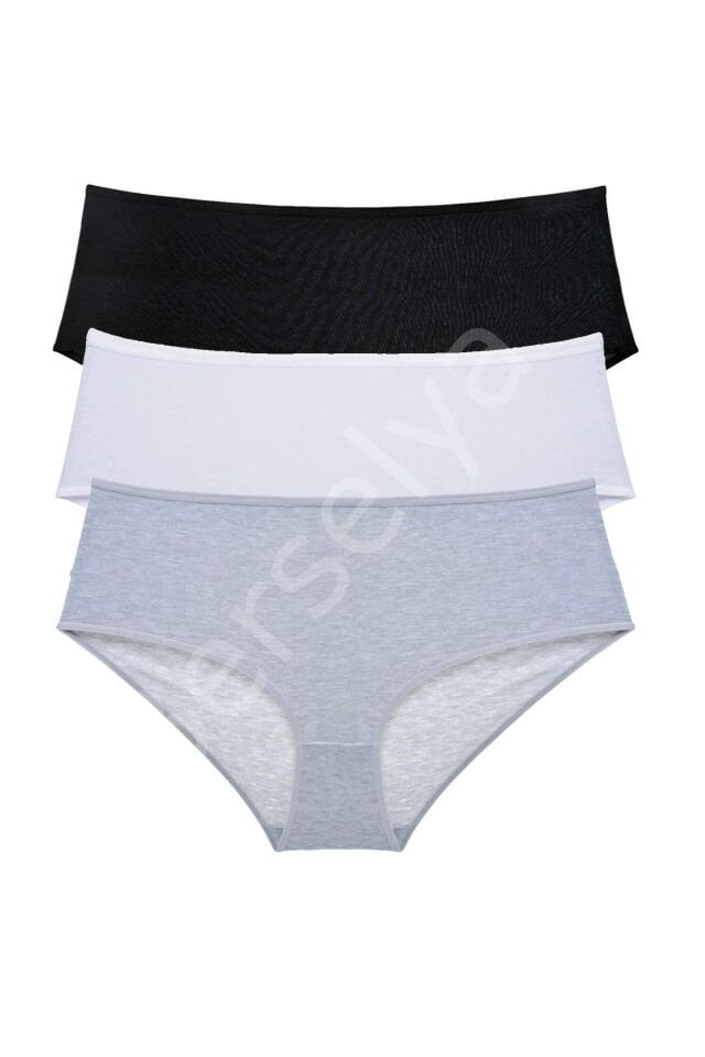 3 Adet Kadın Yüksek Bel Bato Külot Siyah Beyaz Gri