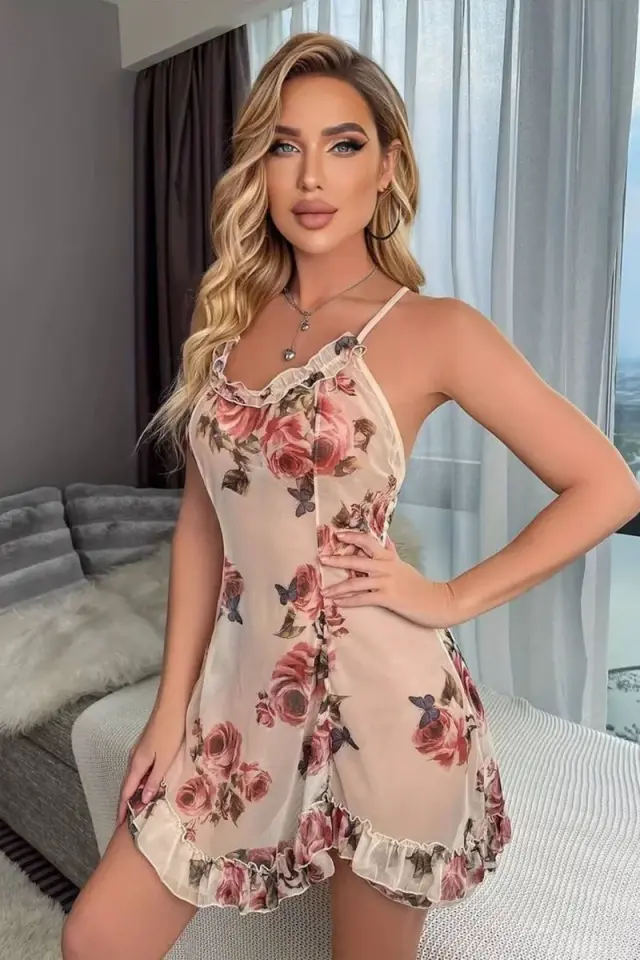 Somon Çiçek Baskılı Mini Gecelik 66804