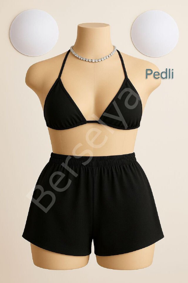 Kadın Siyah Şortlu Belden Ve Boyundan Bağlamalı Bikini Takımı