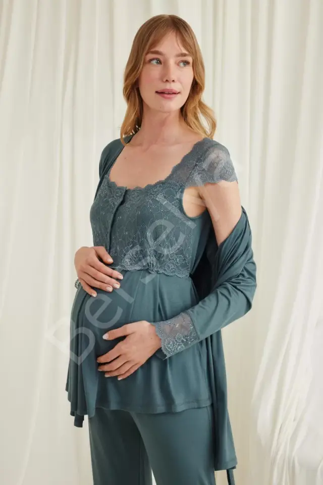 Dantelli Önü Düğmeli Hamile Lohusa 3'lü Viskon Pijama Takımı