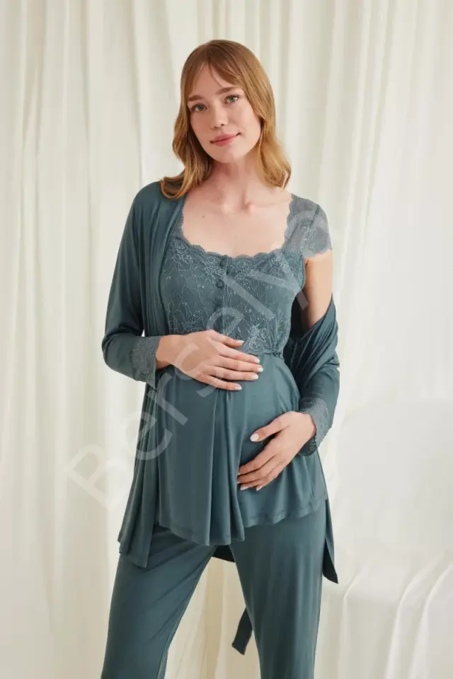 Dantelli Önü Düğmeli Hamile Lohusa 3'lü Viskon Pijama Takımı